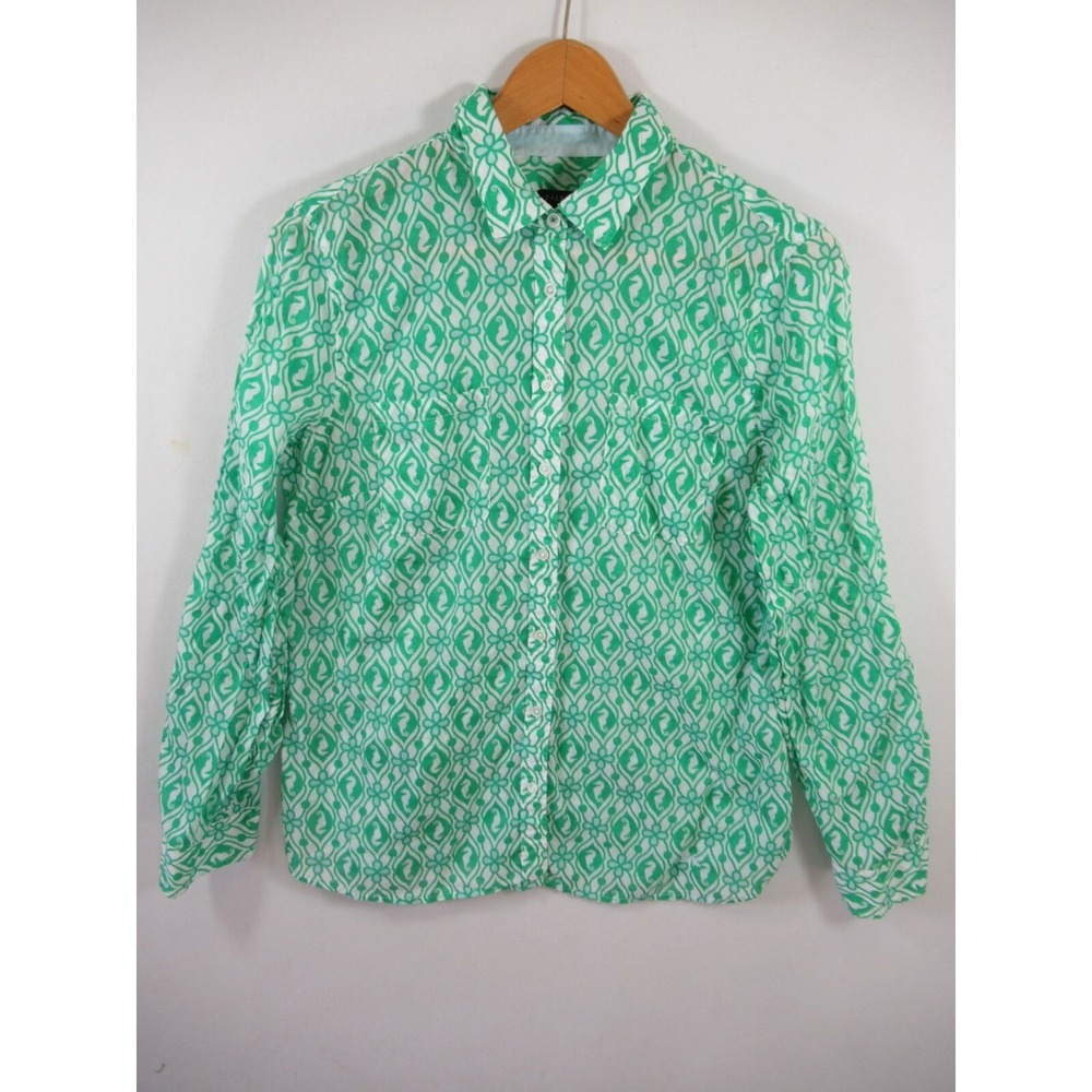 Talbots Seahorse Print Button Up Shirt Women 12 Green Lightweight Mature